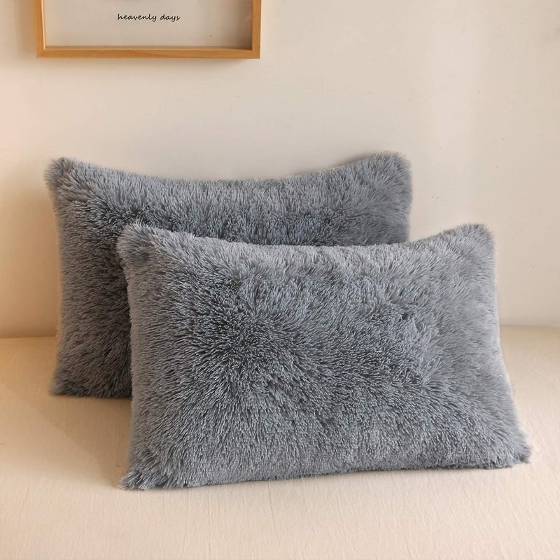 XeGe Faux Fur Throw Pillow Cases, Plush Shaggy Ultra Soft Pillow Covers, Fluffy Crystal Velvet Decorative Pillowcases, Furry Fuzzy Pillow Shams Zipper Closure, Set of 2 (Standard, Light Gray) - Image 1